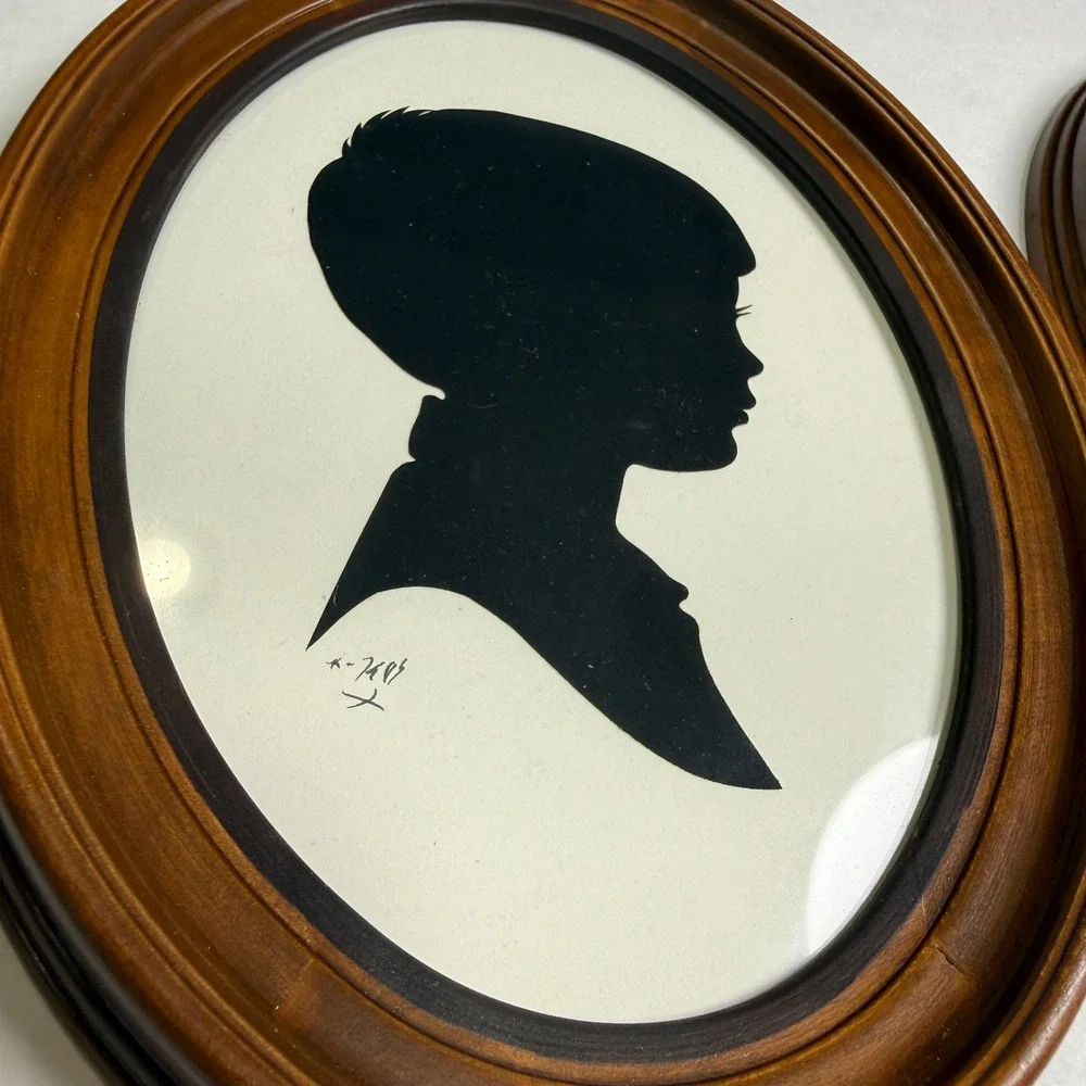 Vintage Silhouette Portraits Boy and Girl Signed Pair Oval Framed Wall Art 8.5